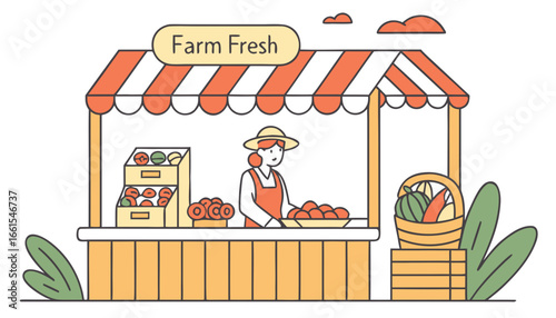 Food market worker in fish tent. Concept of selling fresh healthy food from farm on the market. Flat cartoon vector illustration