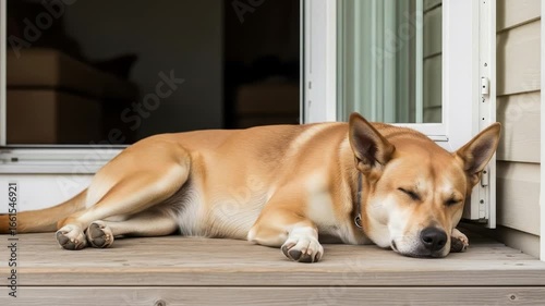 Peaceful Canine Slumber: A Golden Dog Napping on a Porch