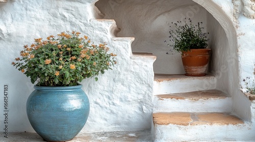Rustic white-washed steps with terracotta tile risers ascend past potted plants in blue and terracotta pots, archway