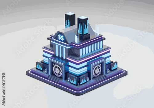 Futuristic banking building with glowing digital lights symbolizing finance, fintech, and global economy