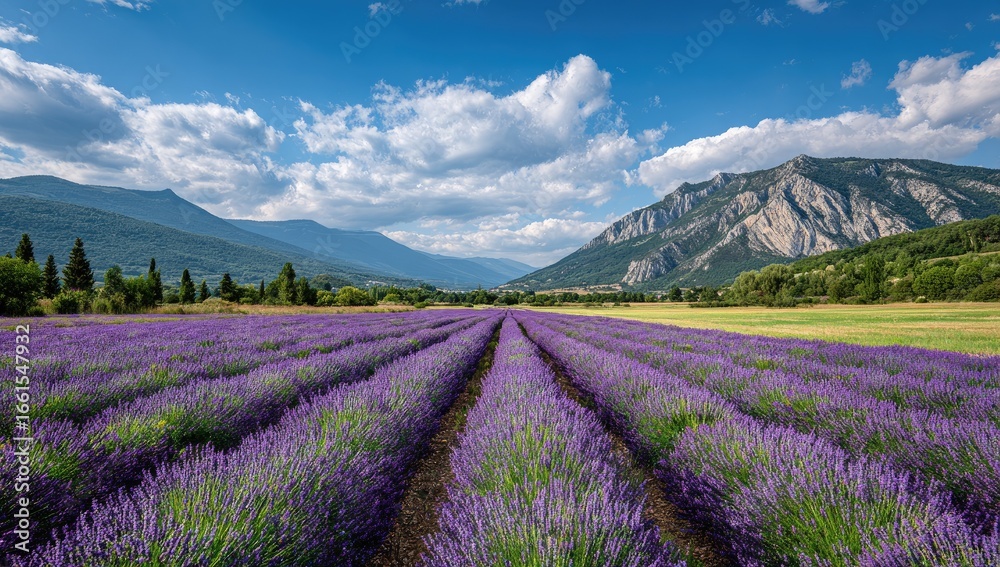 Fototapeta premium Lavender field stretches towards mountains under a vibrant blue sky (1)