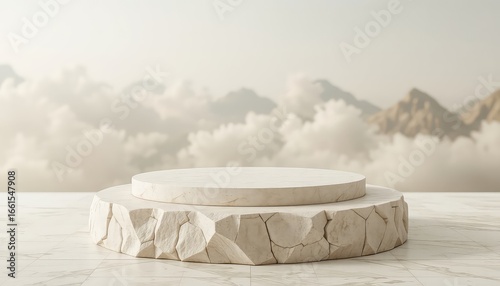 Elegant platform display podium in neutral tones with a dreamy cloudscape backdrop for showcasing product presentations and promotional materials