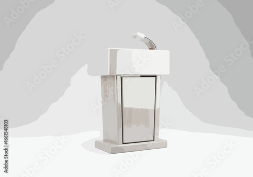White podium with microphone for public speaking, presentation, leadership, and political communication
