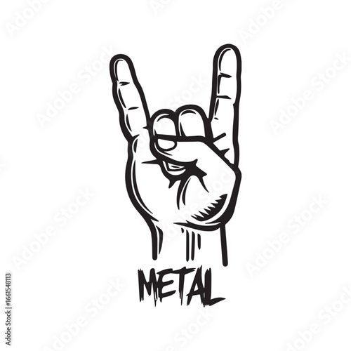 Metal music hand sign. Rock on devil horns gesture with text, a symbol of heavy metal and rock culture. Black and white graphic illustration.
