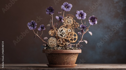 Mechanical flower in terracotta pot