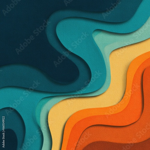 Abstract layered paper art.  Dynamic curves of varying shades of teal,  aqua, yellow ochre, and terracotta create a wavy, textured design on a dark background
