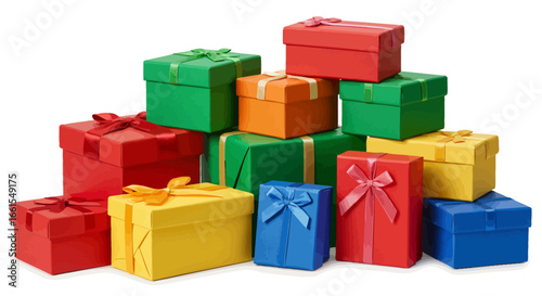 A colorful stack of gift boxes in red green yellow orange and blue each adorned with ribbons and bows