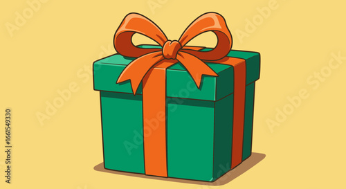 A green wrapped gift with an orange ribbon and bow presented against a yellow background