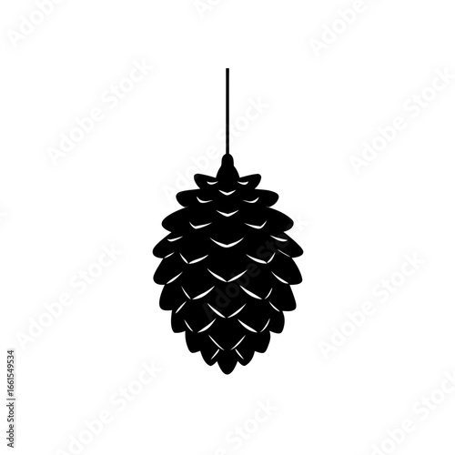 black silhouette of a single pinecone hanging from