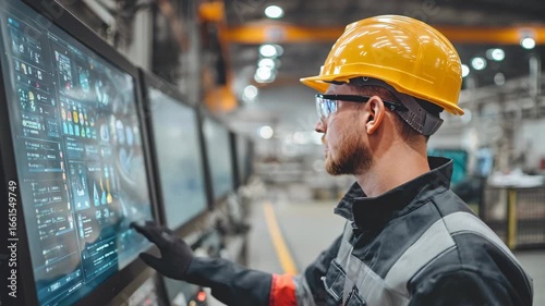 Factory worker in safety gear interacting with touch screen displaying data and graphs inside industrial facility. Modern manufacturing automation.