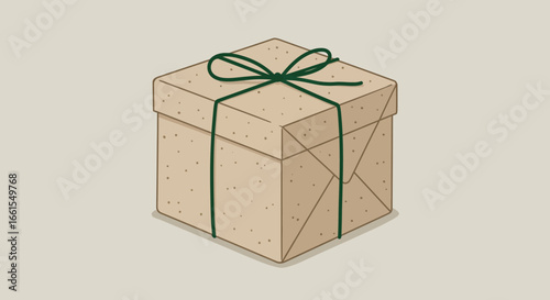 A tan square gift box speckled and tied with a green string stands on a light tan surface