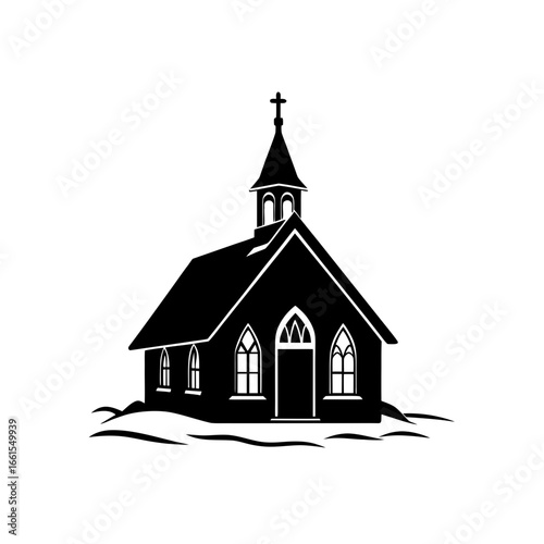 black silhouette of a small church in the snow  ve