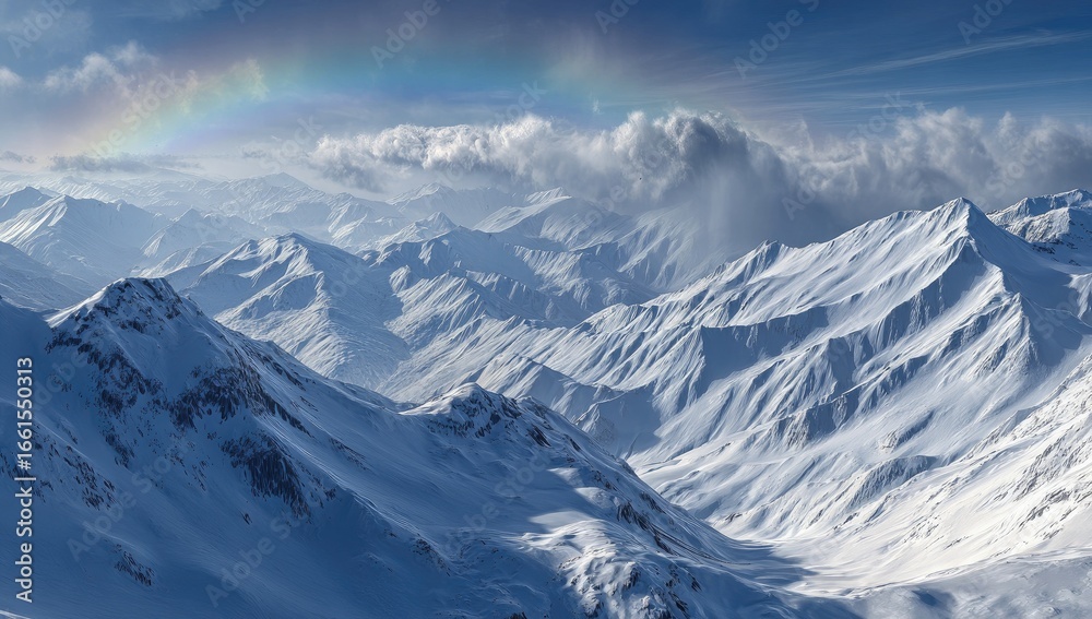 Naklejka premium Vast snowy mountain range with rainbow