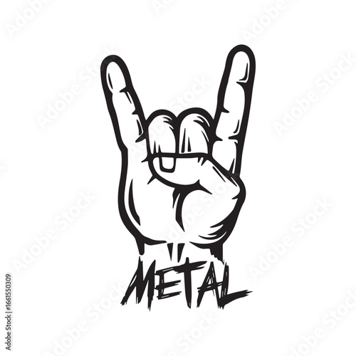 Metal music hand sign. Rock on devil horns gesture with text, a symbol of heavy metal and rock culture. Black and white graphic illustration.
