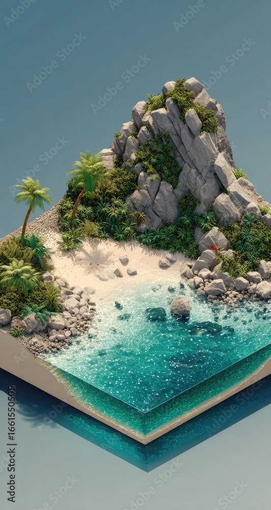 Fototapeta premium Isometric view of a tropical beach. A small island with rocks, sand, lush vegetation, and turquoise water. A stylized, pixelated, 3D rendering