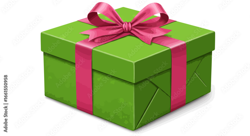 Obraz premium Green gift box with a pink ribbon and bow slightly angled view