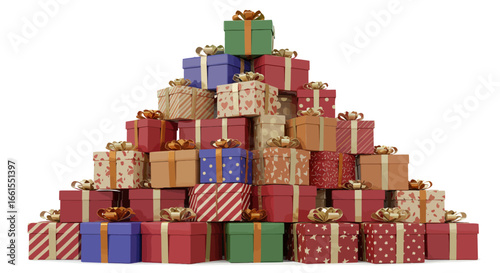 Pyramid of colorful gift boxes stacked on a white surface each tied with a ribbon