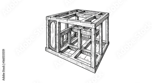 Skeletal wood frame structure forms a cube