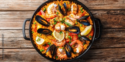 A vibrant seafood paella featuring shrimp and mussels, garnished with lemon and herbs, served in a black pan on a rustic wooden surface.