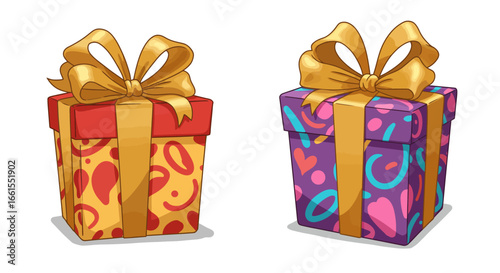 Two wrapped gifts are depicted one redgold and one purplegold each adorned with a golden bow and unique pattern