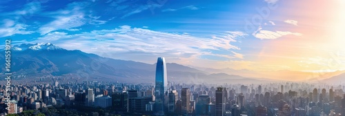 Panoramic view of Santiago at sunrise celebrating chilean independence day. Horizontal banner. Copy space. Chile National Day. Postcard from Chile