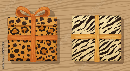 Two wrapped gifts sit on a wood surface One has a cheetah print  bow the other a zebra pattern  crosswise ribbon