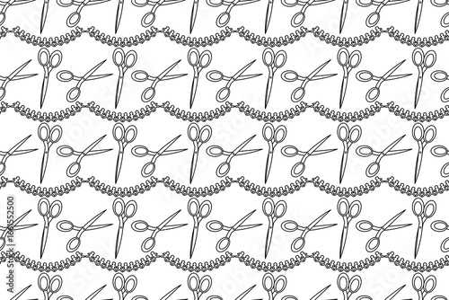 Coloring page of seamless pattern with scissors and paper chain garland. For entertaining kids, back to school or education black and white printable design, DIY craft activity, educational concept.