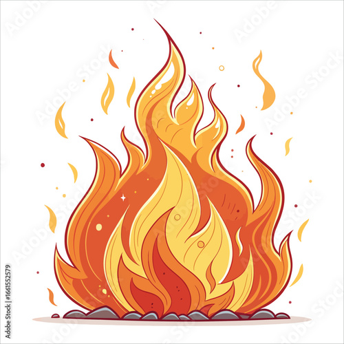 Stylized cartoon flames burning brightly illustration on a white background