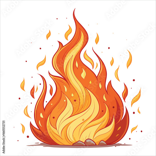 Vibrant fire illustration with stylized flames and a warm inviting glow
