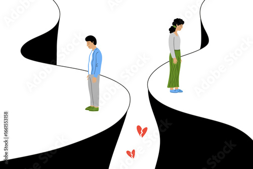 Man and woman standing on opposite sides of a cliff, separated by a gap and broken hearts.