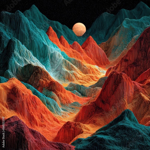 Vibrant, textured mountains range, with a celestial body in the background.  A digital landscape with peaks and valleys of varied colors  teal, turquoise, ochre, orange, and reddish-brown