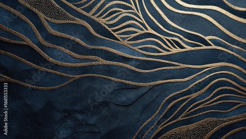 Abstract textured background of flowing, undulating lines in deep navy blue and gold