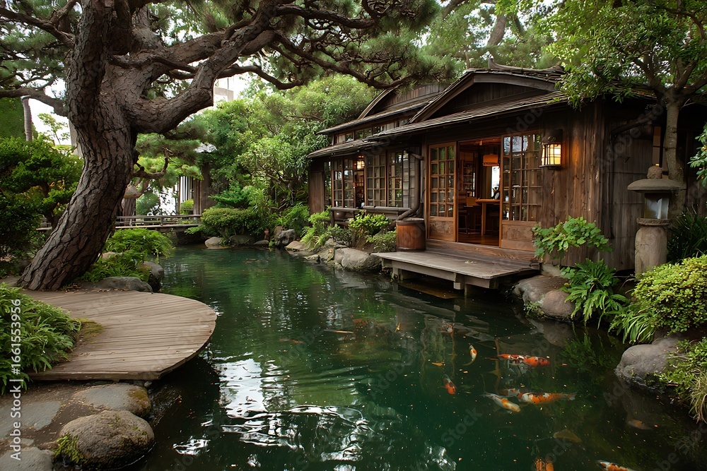 Obraz premium Quiet Eastern Tradition Structure Alongside Decorative Aquatic Garden 