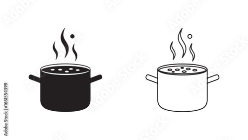 Cooking pot with steam, food inside, simple outline