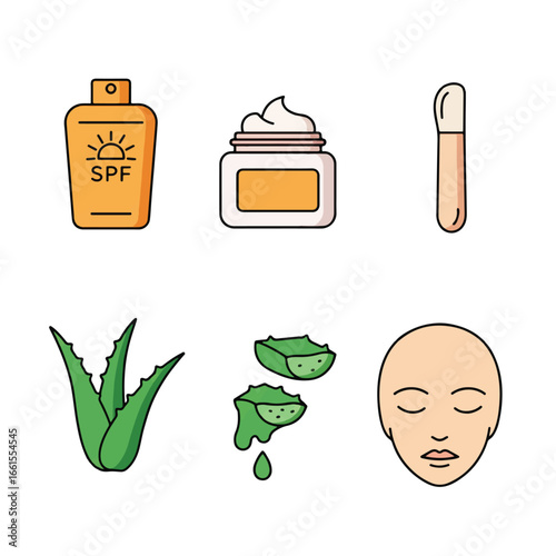 Illustrative depiction of skincare essentials, including sunscreen, cream, and aloe vera.