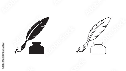 Feather quill and inkwell with transparent background