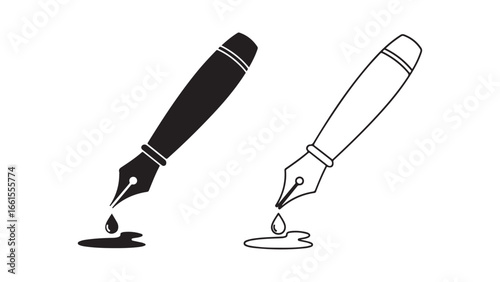 Fountain pen with inkwell, black and outline