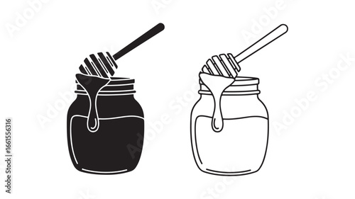 Honey jar with dipper, outline and filled versions