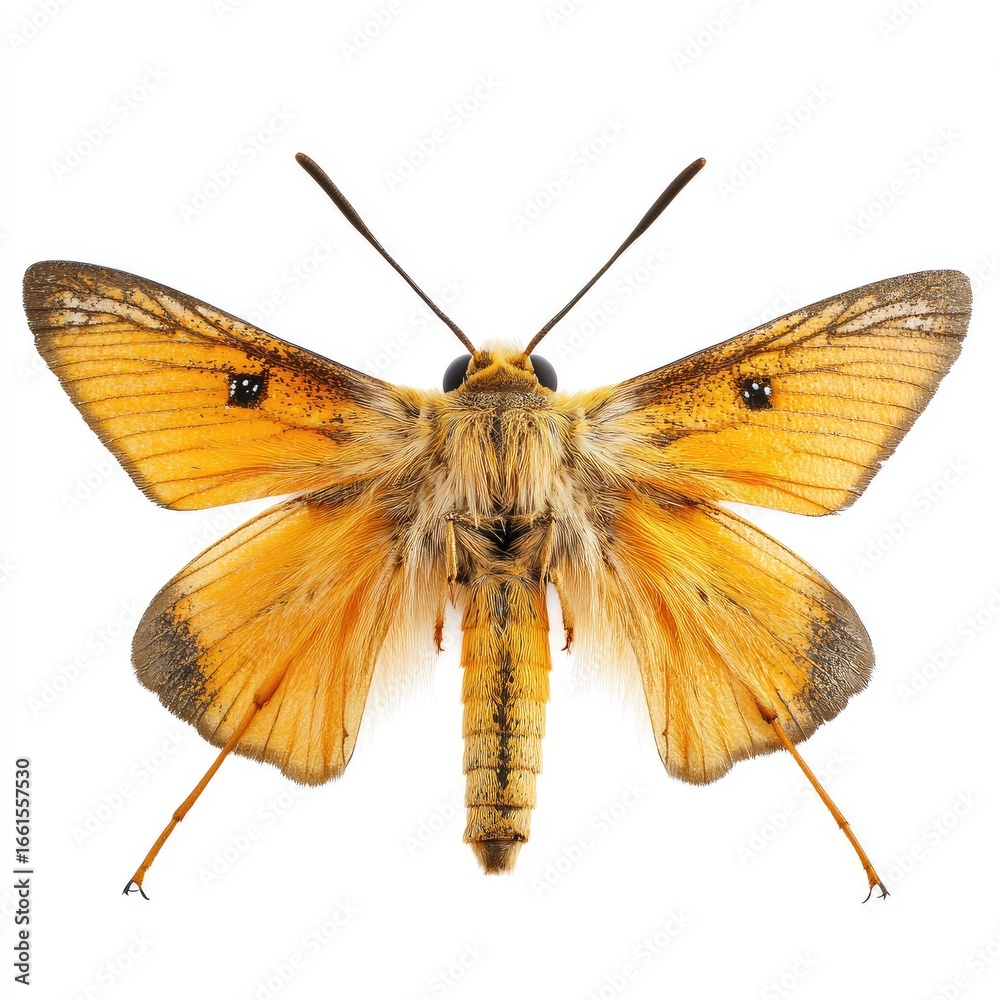 Fototapeta premium Close-up of a small, orange-tan moth with patterned wings, displayed against a white background