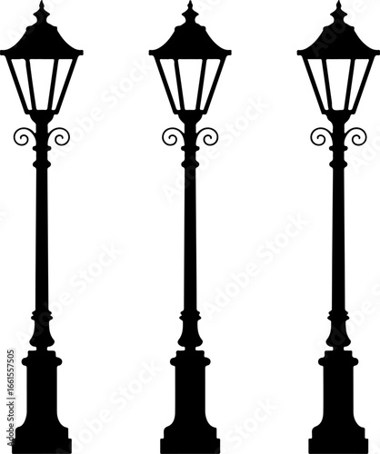 a black silhouette illustration of three classic street lamps
