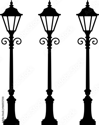 a black silhouette illustration of three classic street lamps