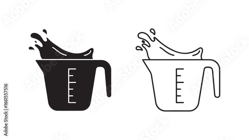 Measuring cup with liquid splash, outline and filled versions