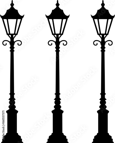 a black silhouette illustration of three classic street lamps