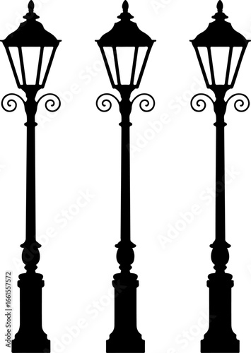 a black silhouette illustration of three classic street lamps