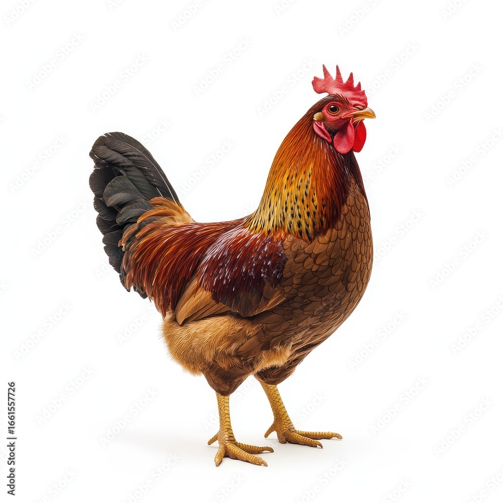 Fototapeta premium Rooster, brown and red plumage, standing against white background