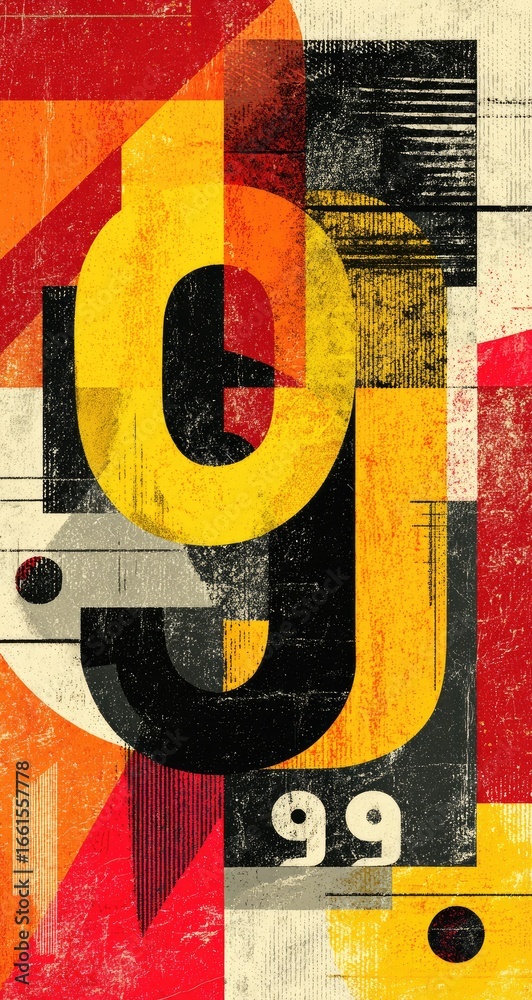 Naklejka premium Abstract graphic design featuring bold, vibrant colors and layered geometric shapes. Numbered elements are prominent, rendered with a textured, distressed effect