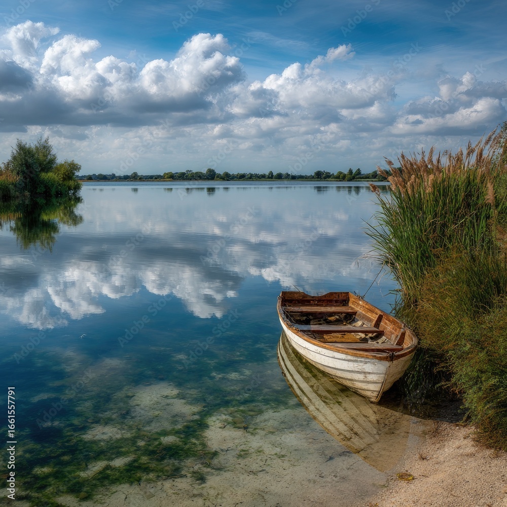 Obraz premium Tranquil lake scene with a small boat