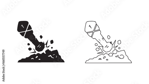Mining pickaxe hitting rock with debris
