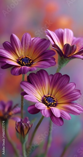 Close-up of three vibrant purple and orange daisies, soft-focused background