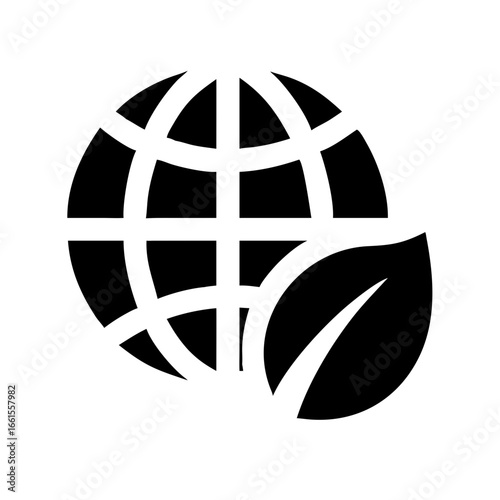 A black and white illustration of a globe with grid lines and a single leaf on the right side of it